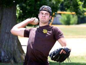 Matt Brash of Kingston throws a ball at Woodbine Park on Thursday. Brash, a 2019 Major League Baseball draft pick by the San Diego Padres, is at home while the COVID-19 pandemic has shut down the minor league baseball season. (Ian MacAlpine/The Whig-Standard)