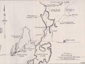 Map from early 20th century showing land and water routes throughout Porcupine Gold Camp.