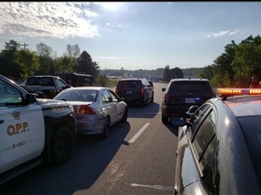 Police boxed-in a suspicious vehicle along Highway 21 west of Owen Sound Thursday morning and arrested two teens. (Grey Bruce OPP photo)