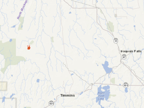 Seen here is a screenshot of the MNRF's forest fire interactive map showing where the blaze is in relation to Timmins.