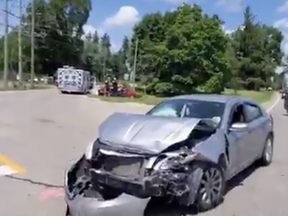 Screenshot from OPP video of Friday afternoon collision at the intersection of Old Highway 24 and Blueline Road. (OPP PHOTO)