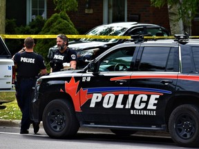 Belleville Police officers with the criminal investigations branch and forensics team were on the scene Monday of a suspicious fire and discovery of a deceased elderly city resident in a home in the east end. Investigation continues after charges were laid against an unnamed 36-year-old male. DEREK BALDWIN