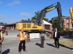 Work began Monday on one of the worst roads in Ontario, as Taggart Construction Ltd. started the reconstruction of Avondale Road. Pictured from the left are: Dave Hinchliffe of Taggart, Barry Simpson, Senior Project Manager for the City of Belleville, Mayor Mitch Panciuk, Coun. Garnet Thompson, and Ray Ford, the city's Manager of Engineering.
TIM MEEKS