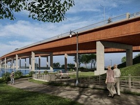 An artist's vision shows what a new twin bridge built east of the existing Norris Whitney bridge could look like walking on the Waterfront Trail from East Zwick's Park. ONTARIO GOVERNMENT