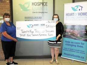 Wendy Warner (left), executive director for Trenton MemorialHospital Foundation, presents Hospice Quinte executive director Jennifer May-Anderson with a cheque for $25,000. The funds from the Kay Stafford Community Fund will be used to purchase bariatric lift equipment for one of the specialized resident suites at the future Hospice Quinte Care Centre.
SUBMITTED