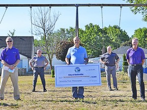 Belleville Mayor Mitch Panciuk displays a $75,000 cheque from Medigas' Our Kids charity Thursday at Parkdale Veterans Park where an accessible playground is expected to be competed by this fall. Also pictured are respresentatives from Medigas and city council.
MARILYN WARREN PHOTO