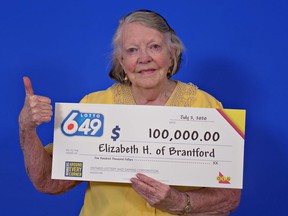 Elizabeth Hardwicke of Brantford won $100,000 in a Lotto 6/49 draw on February 15.