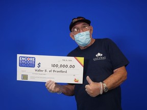 Walter Rieser of Brantford won a $100,000 Encore prize in the July 3 Lotto Max draw. Submitted