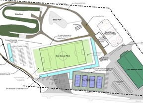 Gananoque council has decided to go with Option 2, as shown here, with the sports courts located just past the existing Lou Jeffries Arena parking, and two additional parking lots shown with the future soccer field and drainage marked out, for when funds become available to develop the full recreational complex.