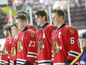 The Brockville Braves line up for their home-opener on Sept. 6, 2019. The CCHL's 2020-2021 season will open on Oct. 1.
File photo/The Recorder and Times