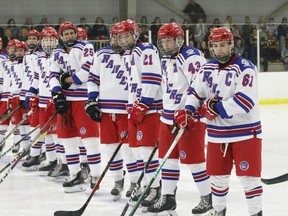 The South Grenville Jr. C Rangers line up for their 2019-2020 home-opener last September. The NCJHL is 'hoping' to start the new season on Dec. 1. File photo