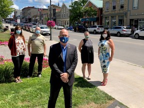 MPP Steve Clark, centre, with Laura Godard, left, RED project coordinator for Gananoque
and TLTI; Gananoque Mayor Ted Lojko; Kim Goodman, TLTI's director of
community and business services; and TLTI Mayor Corinna Smith-Gatcke,
outside Gananoque Town Hall, on Friday. (SUBMITTED PHOTO)