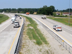 This section of Highway 401 just outside of Tilbury is slated to be the first section between Tilbury and London to be widened to three lanes in each direction, including the installation of a concrete barrier. The provincial government has announced measures to expedite the process that could see entire project sped up by as much as a year.  (Ellwood Shreve/Chatham Daily News)