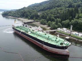 The Cenovus tanker loading in Burnaby B.C. before its 11,900-kilometre journey to Canada’s East Coast via the Panama Canal. Supplied Image/Cenovus Energy Inc