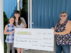 Alexa Rose Yeo and Crystal Brennan-Yeo donate their $2,500 winnings from the Hunter Douglas Canada Indoor Challenge to executive director Mary Ellen Zielman of the Huron County Food Bank Distribution Centre. Handout