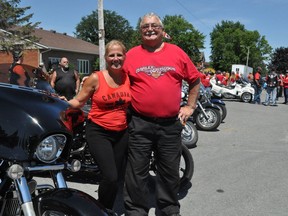 Denise Gareau and Réjean Seguin, two of Saturday's Honour Ride were all smiles after arriving in Morrisburg. Photo taken  on Saturday July 4, 2020 in Cornwall, Ont. Francis Racine/Cornwall Standard-Freeholder/Postmedia Network