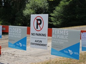 Information signs restricting access, in place at a roadway on Hoople Island on the Long Sault Parkway. Photo on Wednesday, July 8, 2020, in Ingleside, Ont. Todd Hambleton/Cornwall Standard-Freeholder/Postmedia Network