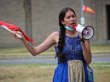 Jackie Hall speaking at the RCMP Get Out! public rally that originated in Lamoureux Park. Photo on Saturday, July 11, 2020, in Cornwall, Ont. Todd Hambleton/Cornwall Standard-Freeholder/Postmedia Network