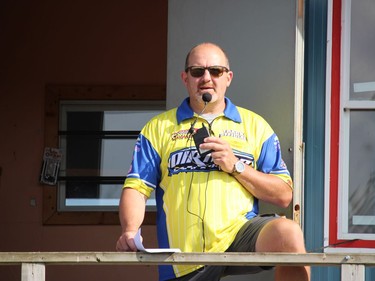 Race director Joel Doiron with some instructions for drivers before the event got underway. Photo on Sunday, July 12, 2020, in Cornwall, Ont. Todd Hambleton/Cornwall Standard-Freeholder/Postmedia Network