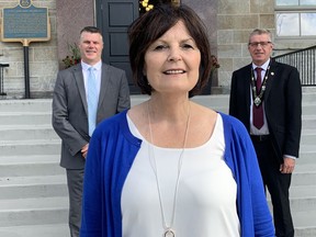 Handout/Cornwall Standard-Freeholder/Postmedia Network
United Counties of SDG clerk and director of municipal services Helen Thomson, centre, announced on Monday, July 20, 2020, that will will retire at the end of the year. SDG CAO Tim Simpson is on the left, with Warden Frank Prevost on the right.

Handout Not For Resale