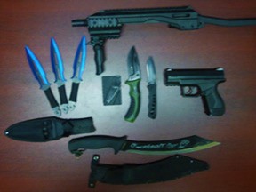 Owen Sound Police arrested a 20-year-old Collingwood man Tuesday morning for breaching release conditions and found a number of weapons in the process. Photo supplied.