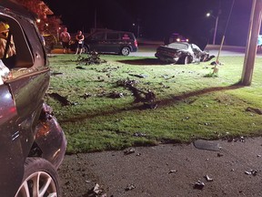 Damage was extensive after a 45-year-old impaired driver from Stratford collided with parked cars and uprooted a tree on Huron Road in Mitchell July 25. TARYN ZINGER