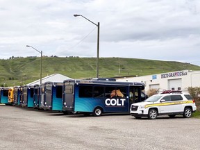 COLT's new fleet of town-owned buses rest in Southland's yard, right next to new COLT-collaborator Ink'd Graphics on Grififn Road. Patrick Gibson/Cochrane Times