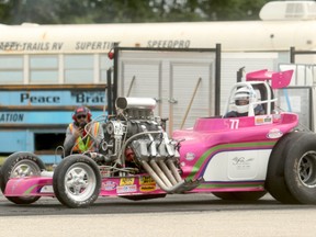 Cliff Nysted pilots his pink drag racer at the North Peace Bracket Racing Association event at the Beaverlodge Airport last Sunday afternoon. The racing club has three events left in its season. Next up is the NPBRA 1/8 Mile Bracket Races on Aug- 15 and 16 at the Beaverlodge Airport.