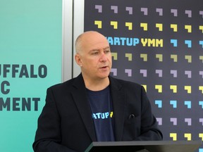 Kevin Weidlich, president and CEO of the Wood Buffalo Economic Development Corporation, speaks at the launch of Startup YMM in downtown Fort McMurray on Wednesday, July 15, 2020. Laura Beamish/Fort McMurray Today/Postmedia Network