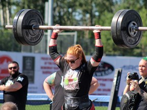 Jessica Theaker lifts 200 lbs at the Strongman Community Breakfast at MacDonald Island Park on Sunday, July 26, 2020. The event is part of the 2020 Fort McMurray Food Festival. Laura Beamish/Fort McMurray Today/Postmedia Network