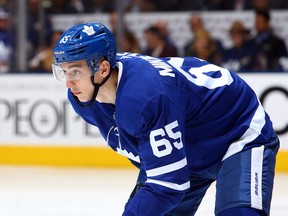 Ilya Mikheyev of the Toronto Maple Leafs prepares for a face off during an NHL game against the Ottawa Senators at Scotiabank Arena on October 2, 2019 in Toronto, Canada.