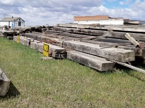 Timber logs, like those pictured here, were stolen from the Hanna Roundhouse between May and June. Hanna RCMP are looking for any information on activity in that area. Hanna Roundhouse Society photo