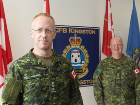 Col. Stephane Masson took command of Canadian Forces Base Kingston from Col. Kirk Gallinger on Friday. (Steph Crosier,/The Whig-Standard)