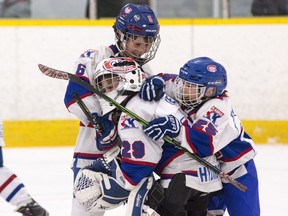 Kingston Canadians players celebrate a 5-2 win in Game 3 of their Ontario Minor Hockey Association Novice East AA final series against the Clarington Toros on March 12, 2017, at Centre 70. Kingston went on to win the six-point series, 6-2. (Tim Gordanier/The Whig-Standard)