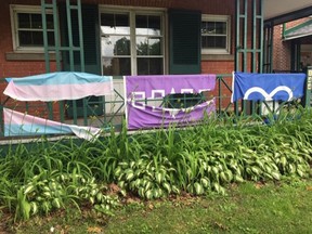 The damage done to five Indigenous and Pride flags at the Queen's University Four Directions Indigenous Student Centre, at 144-146 Barrie St., sometime between June 29 and 30.