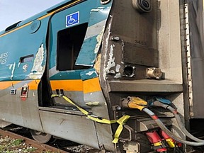 A Via Rail passenger car that was involved in a collision with a pair of tanker cars west of Kingston on Sept. 5, 2019. Canada's Transportation Safety Board released its findings into the collision on Friday. (Supplied Photo)