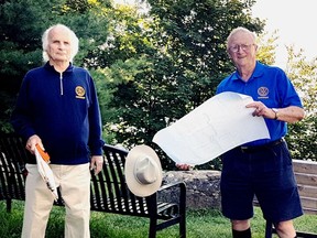 Dieter Hundrieser and Doug Bickerton of the Gananoque Rotary Club check the approved plans for the park at the bottom of William Street in Gananoque. What is currently a public eyesore is being overhauled by the Club to create a new space on the waterfront to be enjoyed by all.  
Supplied by Gwen Hundrieser