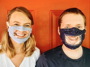 Taylor Bardell and Matt Urichuk, both enrolled as PhD students in communication sciences and disorders at Western University in London, recently made and donated 100 masks in June as part of their Smile Masks Project. Bardell is a former Kingston resident and Queen's University graduate. (Supplied Photo)
