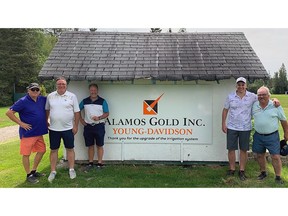 Alamos Gold has made a financial commitment of $33,000 to replace the golf club's irrigation heads and control boxes on the course. Pictured in the photo are Jean Guy Chamaillard (Manager, KL Golf Club), Kyle Sinclair (Administration Superintendent, Young Davison Mine), Al French (Human Resources Superintendent, Young Davidson Mine), Luc Guimond (General Manager, Young Davison Mine) and Jacques Seguin (President, KL Golf Club).