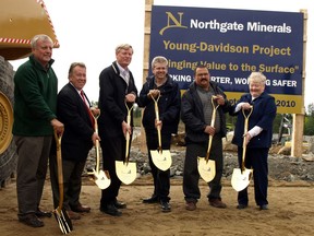 MPP David Ramsay, left, was Minister of Northern Development, Mines and Forestry when he joined fellow dignitaries for a ceremonial sod turning for Matachewan's new mine in 2010. Local political authority Gordon Brock says Ramsay had the "right stuff" for a long and notable career representing the district at Queen's Park.