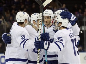 These kinds of celebrations will be frowned upon when the NHL resumes play. GETTY IMAGES