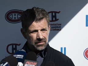 Montreal Canadiens general manager Marc Bergevin responds to a question at the team's annual golf tournament in Laval-sur-le-Lac, on Sept. 9, 2019.