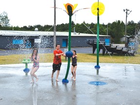 Photo by KEVIN McSHEFFREY/THE STANDARD
Three Elliot Lake children youths, Shearlyn and Dalton Vidito along with Lily Godbout were cooling off on a hot Sunday afternoon at the city’s splash pad in the Kiwanis Park on Dieppe Avenue. It’s a great way to cool down during these hot summer days.