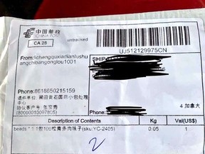 Packages of unordered and unlabelled seeds delivered from China are showing up in some Ontario mailboxes. Most of the packages look the same, featuring Chinese lettering, and sometimes labelled as beads or jewelry. 
Kelly Elliott photo