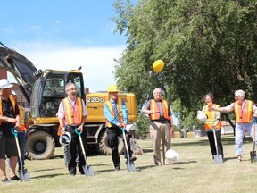 The sod was turned to kick off the construction of a helipad at the Melfort hospital on July 29. Pictured, left to right, are: Bart Bessey, Fundraising Chairman Rod Gantefoer, Mayor Rick Lang, Lionel Lavoie, Melani Blandon and NCHCF Chairperson Peggy George. Not visible in the photo are MLA Todd Goudy and Brent Lutz, City of Melfort. Photo Susan McNeil.