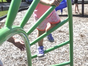 Evelyn Stacey, almost 3, of Mitchell, was a climbing machine at the Mitchell Lions playground equipment July 17 - the first day they were reopened after a long four months due to the COVID-19 pandemic. The region has hit stage 3 in the provincial government's phased-in open for business plan, and judging by the number of children using this playground and the other adjacent to the splash pad, it was long overdue! ANDY BADER/MITCHELL ADVOCATE