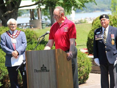 Minister of Natural Resources and Forestry, MPP John Yakabuski addresses the small group that gathered for a remembrance ceremony on Canada Day. Looking on are Pembroke Mayor Mike LeMay and Legion Branch 72 President Stan Halliday. Anthony Dixon