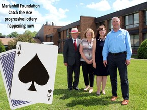 The Marianhill Foundation has officially launched its first Catch the Ace progressive lottery, which will serve as a fundraiser for the Building Care capital campaign to fund an expansion and redevelopment at the long-term care facility. Marking the announcement on the site of the expansion in June 2019 were (from left) honorary campaign chairman Hector Clouthier, Marianhill director of finance and administration Susan Foran, Marianhill CEO Linda Tracey and Marianhill Foundation chairman Glenn Casey.