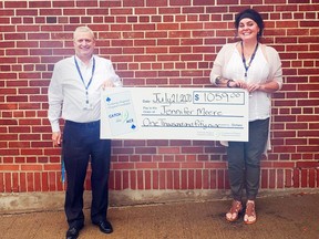 Roger Martin (left), executive director of the Pembroke Regional Hospital Foundation, presents a cheque for $1,059 to Jennifer Meere as the winner of the week 1 draw of the PRHF's Catch the Ace progressive lottery.