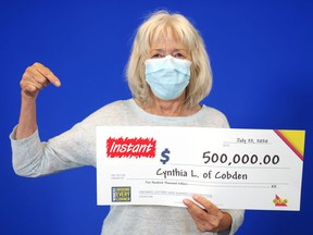 Cynthia Leighton of Cobden recently travelled to Toronto to pick up her $500,000 cheque at the OLG Prize Centre after winning the top prize with Instant $500,000 Classic Extravaganza. She purchased the winning ticket in Renfrew.